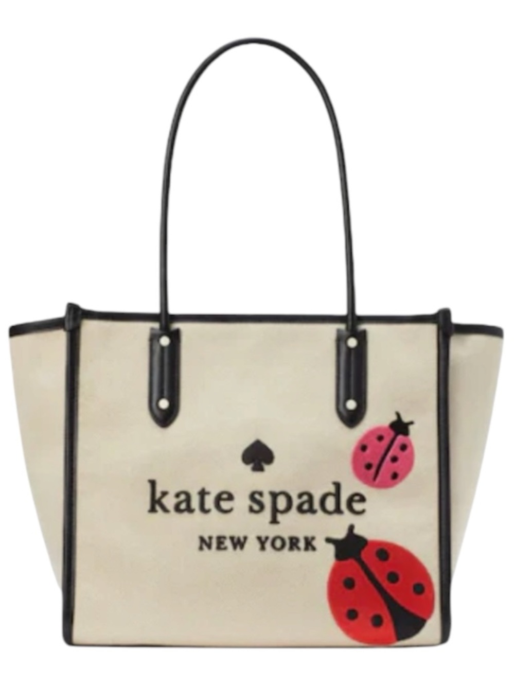 kate spade Cream Canvas Tote with Black Trim and Pink & Red Ladybug Accents
